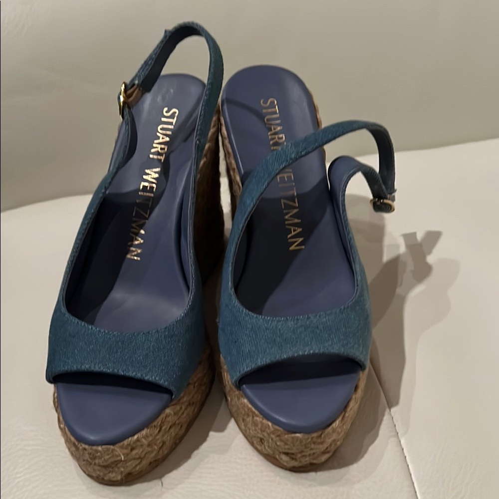 Stuart Weitzman Island Peep Tie Blue Wedge Espadrille  Size 10